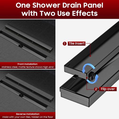 DLONE Linear Shower Drain | 24 AISI 304 Stainless Steel Shower Drain, Matte Black Linear Drain with Tile Insert Panel & Adjustable Feet, Long Rectangle Shower Floor Drain in Bathroom, Balcony, etc