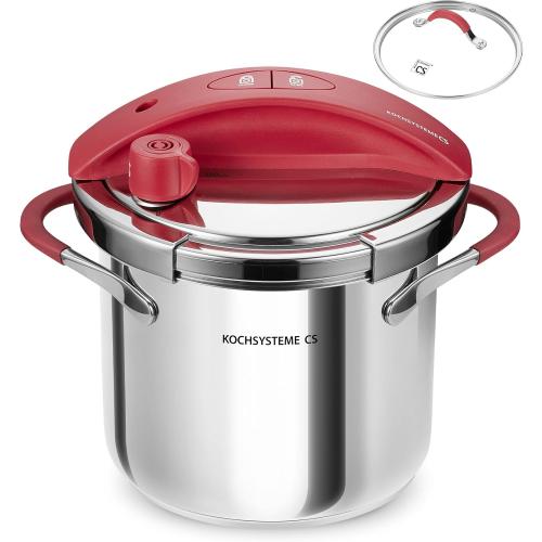 KOCH SYSTEME CS Stainless Steel Pressure Cooker 6 Quart, Olla de Presion, 18/10 Stainless steel Pressure Cooker with Glass Lid, One-Hand Locking, Stovetop Pressure Pot, Induction Pressure Cooker, 6QT