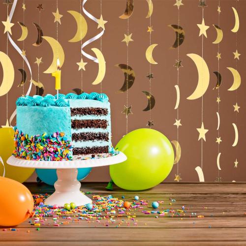Glitter Star Moon Garland Banner Decor, 130 Feet Star Hanging Bunting Banner Gold Bright Moon Paper Garland Backdrop for Graduation Class Congrats Grad Eid Muburak Party Decoration(Gold)