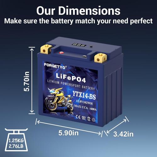 UL Certified YTX14-BS Lithium Motorcycle Battery, ATV Battery 12V 8AH 600CCA Compatible with Yamaha Scooter Snowmobile Jet Ski, Scooter, PWC & More