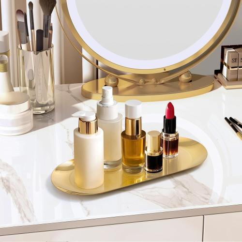 Gold Decorative Tray, 2 PCS Bathroom Vanity Tray for Dresser Counter, Elegant Jewelry Dish Tray for Decor, Gold Platter Serving Tray Organizer for Perfume Trinket Key Candle, Stainless Steel, Oval
