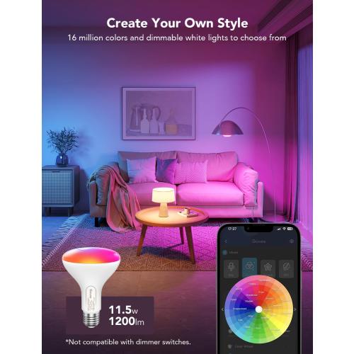 Govee Smart Light Bulbs, 1200 Lumens Dimmable BR30 Bulbs, RGBWW Color Changing Light Bulbs, WiFi & Bluetooth LED Bulbs, 16 Million Colors, Music Sync, Compatible with Alexa, Google Assistant, 6 Pack