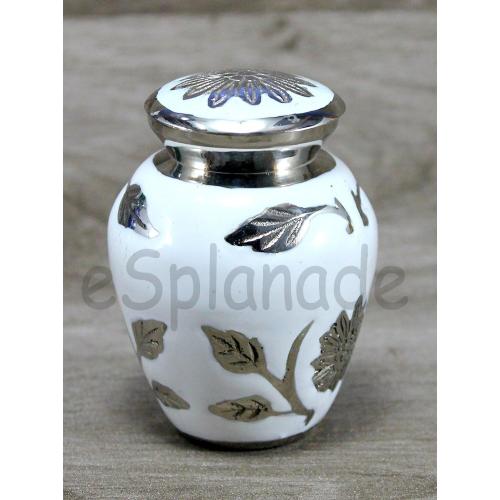 eSplanade Metal Cremation Mini urn Keepsake Memorial | Small urn for Ashes Funeral Burial Container jar Pot | Color - White(Silver Carved) Size-4.5 Inches