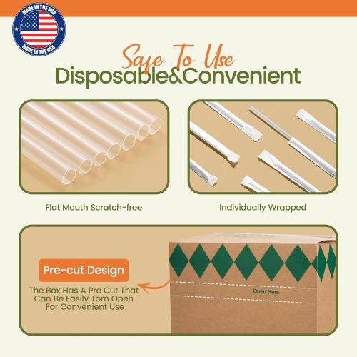 Plastic Straws 500 Pcs Individually Wrapped Clear Disposable Drinking Straw | 10.2 Long Made in USA - Straight Long Straws for Party, 0.23'' Diameter