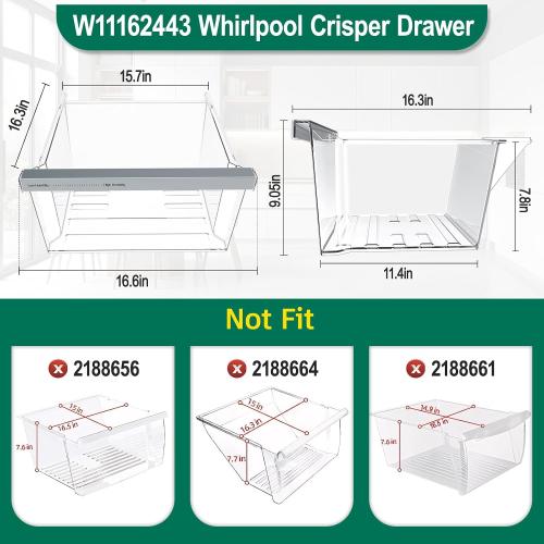 UPGRADED W11162443 W11046494 Refrigerator Crisper Drawer Replacement Compatible with Whirlpool Crisper Drawer Whirlpool Fridge Drawer Replacement WRS325SDHZ WRS315SDHZ WRS325SDHZ01 Crisper Drawers