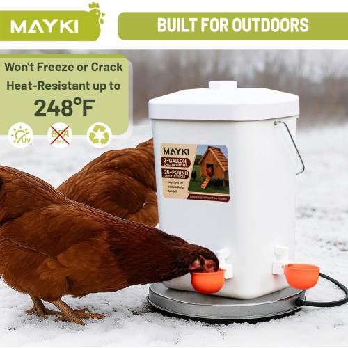 MAYKI Chicken Feeder and Waterer Set, 3 Gallon/26 LB No Waste Poultry Feeding System with Hanging Option, Automatic Coop Accessories for 10 Hens, Upgraded Feeder Port Water Cup, BPA-Free Winter Design‼️light dirt‼️