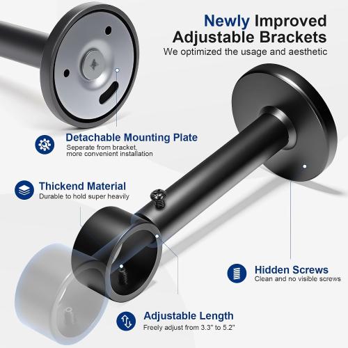 Short Curtain Rod 16-28 Inch Adjustable, 1 Inch Diameter Small Window Drapery Rod - Hidden Screw Brackets, for Bathroom Kitchen, Heavy Duty Metal, Black Round Finials