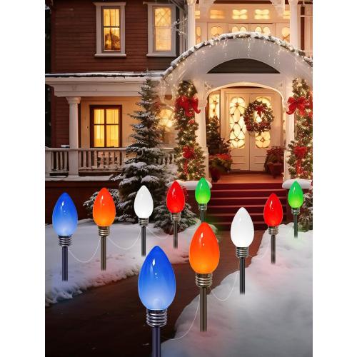 10 Pack Large C9 Christmas Decorations Outdoor Waterproof, Solar C9 Christmas Lights Outdoor with 2 Modes, Solar Pathway Lights for Outside Party Yard Lawn Patio Walkway Xmas Decoration (Multicolor)