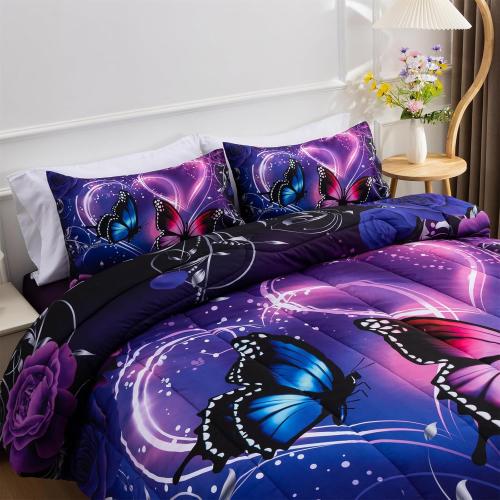A Nice Night Purple Galaxy Butterfly 6pc Bedding Girls Comforter Sets,Full