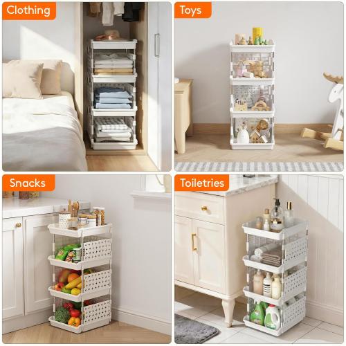 Lifewit Plastic Stackable Storage Baskets, 4 Tier Stacking Bins for Food and Clothes, Multifunctional Organizer for RV, Kitchen, Playroom, Pantry and Bathroom, 13.8D x 11.8W x 28.3H, 1 Pack, White