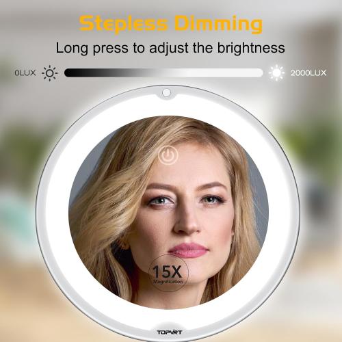 Flexible 15X Magnifying Suction Mirror - Dimmable LED Vanity Mirror, Power Suction Cup, Portable for Home Bathroom - Ideal for Detailed Makeup Eyeshadow Eyeliner (Large)