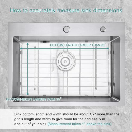 Size 25x14 Stainless Kitchen Sink Protector - S304 Sink Grids for Bottom of Kitchen Sink, 25 x 14 with Rear Drain for Single Bowl Kitchen Sink with Corner Radius