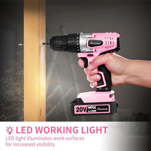 AVID POWER 20V MAX Lithium lon Cordless Drill Set, Power Drill Kit with Battery and Charger, 3/8-Inch Keyless Chuck, Variable Speed, 16 Position and 22pcs Bits (Pink)