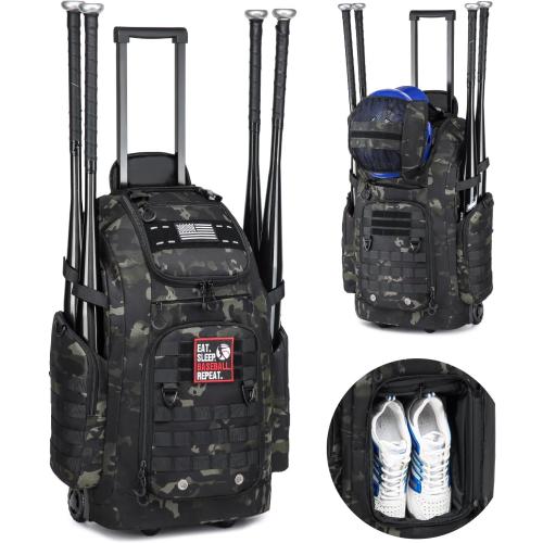 Rolling Baseball Bag with Wheels, Softball Catchers Gear Bags for 4 Bats, Portable Baseball Catcher Bag with Shoe Compartment, Holds All Softball Baseball Equipment