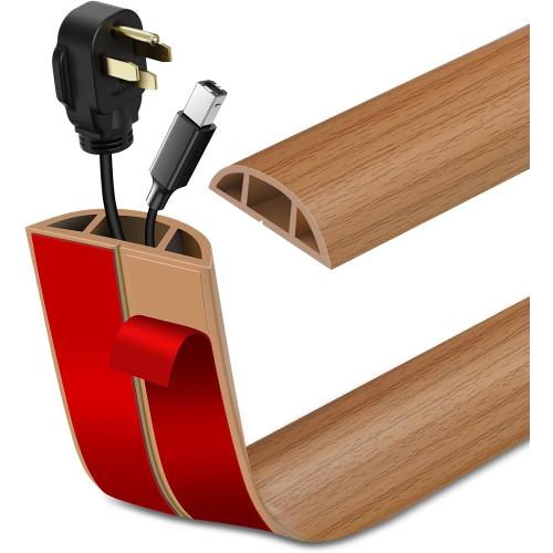 Floor Cord Cover Self Adhesive Cord Hider Floor Extension Cord Covers for Floor Power Cord Protector Cable Management Prevent Cable Trips Cable Cavity 0.47 W x 0.27 H (Light Brown Wood, 10Ft)