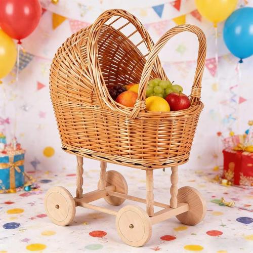 Wicker Flower Girl Basket with Handle, Vintage Rattan Baby Stroller Basket for Wedding Ceremony, Woven Baby Shower Decoration Basket for Church Parties