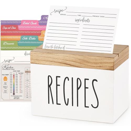 Dahey Wooden Recipe Box White Recipe Organizer with 100 Recipe Cards and 6 Dividers, Recipe Card Holder Box Set with Lid and Slots to Write in Your Own Recipes for Cooking Lover Kitchen, 6.9''x4.3''