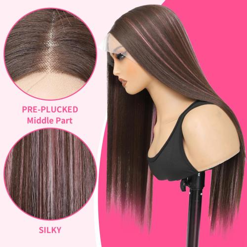 Synthetic Lace Front Wig 13X4X1 Inch Lace Front Wig 24 Inch Cheap Straight Lace Front Wigs Synthetic Wigs For Black Women Pre-Plucked Cheap Wigs Dark Brown/Pink
