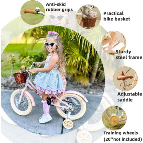 ACEGER Girls Bike with Basket, Kids Bicycle for 3-13 Years, Included Coaster Brake & Caliper Brake, 14 16 18 Inch with Training Wheels, 20 24 26 Inch with Kickstand but no Training Wheels