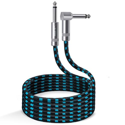 Guitar Cable 20ft Right Angle Guitar Amp Cord 1/4 Inch Instrument Cable with Braided Tweed and Anti-Kinking Design for Guitar Bass Amp, Black & Blue