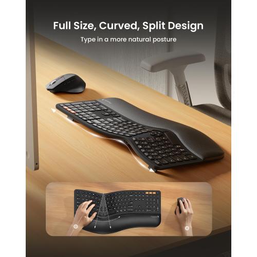ProtoArc EKM01 Plus Wireless Ergonomic Keyboard Mouse Combo - Black | Full-size Split Keyboard with Cushioned Wrist Rest, Ergonomic Mouse, 3-Device Bluetooth/2.4G, USB-C Rechargeable
