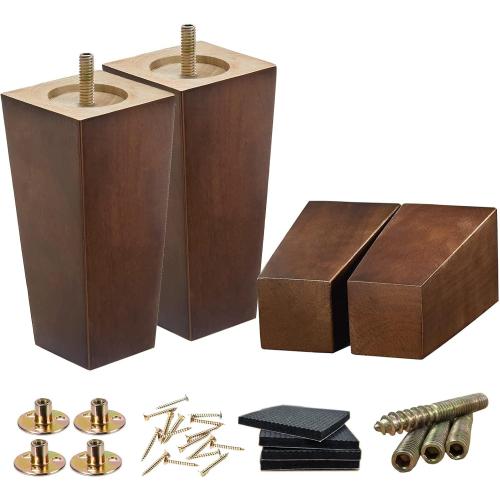 SHANJUE 6 Inch Wood Couch Legs - Sofa Legs Replacement for Dresser, 4PC | 1500lbs heavy duty square feet; fits furniture, cabinet, chair, bed; M8 & 5/16 hanger bolts; robot vacuum clearance; brown.