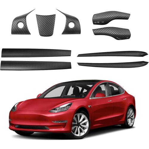 9PCS Dashboard Trim Cover and Door Trim Panel, Steering Lever Cover and Steering Wheel Trim Cover Compatible with Tesla Model 3 (2021-2023) Model Y (2019-2024) Interior (Matte Carbon Fiber Pattern)