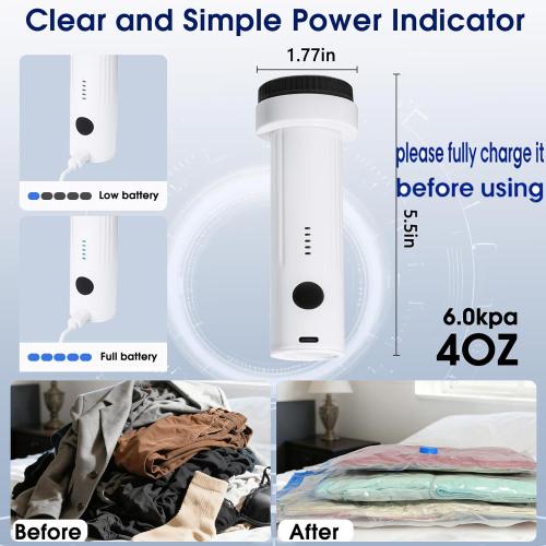 6.0Kpa Cordless Electric Vacuum Pump for Storage Bags, USB Rechargeable Portable Vacuum Sealer for Travel Air Pump Compression Bag Pumps for Clothes Blankets Bedding, Black (No bags)