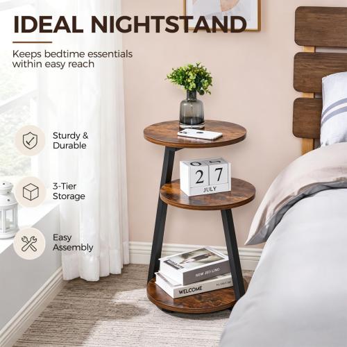 BEWISHOME Small Round Side Table, 3-Tier End Table with Storage Shelves | Small End Table, Nightstand with Metal Frame, Vintage Accent Table for Small Spaces with Storage Shelf, Living Room, Bedroom
