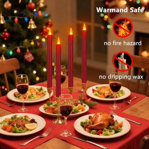 6 Pcs Burgundy Flameless Taper Candles with Remote, 10 White Battery Operated Led Candlesticks with Flickering 3D Flame, Fake Taper Candles for Halloween Anniversaries Dinner Home Décor