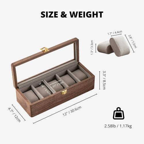 muso wood Watch Display Box, 5 Slot Watch Case for Men, Watch Organizer Box with Glass Lid, Watch Case with Removable Velvet Pillow, Father's Day Gift - 5 Slot, Walnut