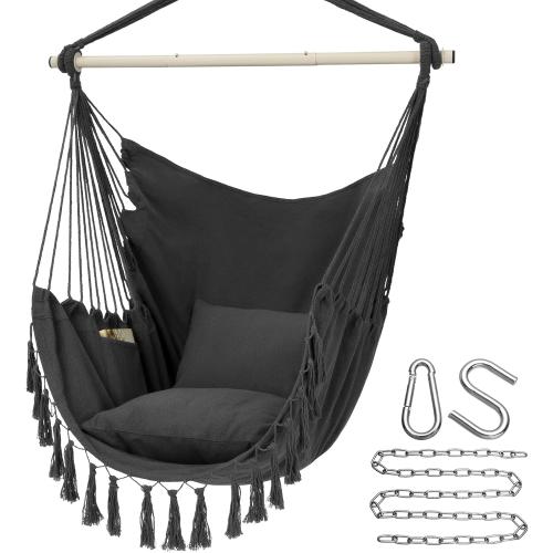 Y- STOP Hammock Chair Hanging Rope Swing, Max 500 Lbs, 2 Cushions Included, Large Macrame Hanging Chair with Pocket, Cotton Weave for Superior Comfort, Durability (Dark Grey)