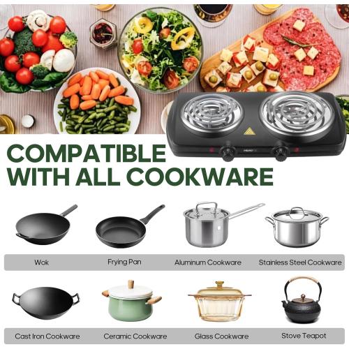 Double Burner Hot Plate Electric, 1800 Watts Electric Burner with 5.2 & 6 Coiled Element, Adjustable Temperature, for Dorm, Office, Home, Camp, Compatible for All Cookwares