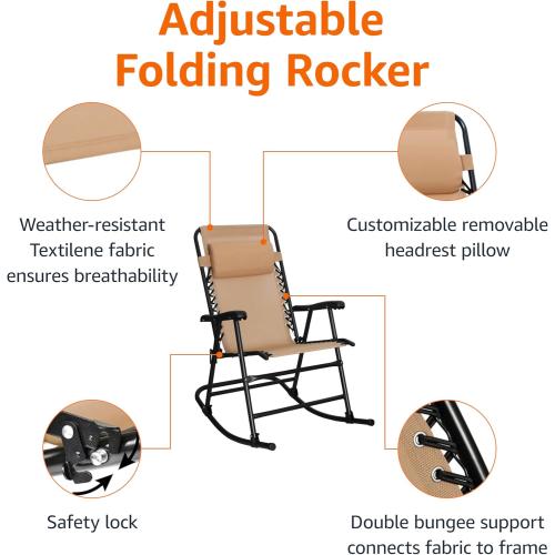 Amazon Basics Outdoor Patio Folding Reclining Lounge Rocking Chair with Pillow, Affordable Folding Chairs for Outside, Beige, 33.6 x 37.4 x 26 inch