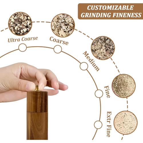 Wooden Salt And Pepper Grinder Set - 8″ Acacia Mills, Adjustable Ceramic Core, Refillable Wood Salt and Pepper Shakers With Tray, Spoon & Brush