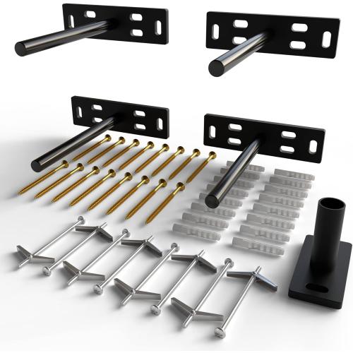 Set of 4 Size 5 x 1 3/8 x 6  Floating Shelf Brackets Heavy Duty (1/4 inch Thick Baseplate) Painted Black Mild Steel/ Bracket for Hidden Wall Shelves Support Hardware Mount Kitchen/Nursery Decor (6 inch Rods)