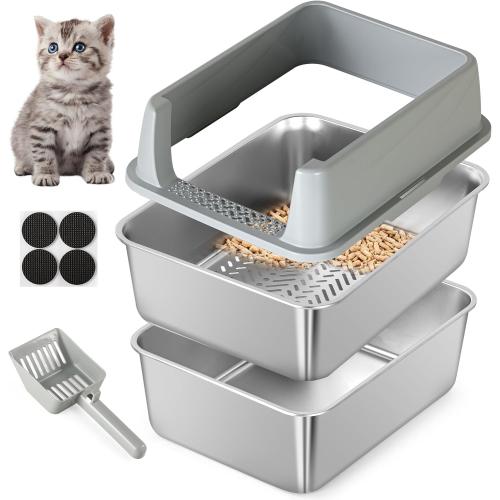 Stainless Steel Sifting Litter Box for Pine Pellets, Sifting Cat Litter Box with Sifter, High Side for Small Cats, Anti-Leakage, Odor Control, Includes Scooper, 17.7 x 13.8 x 11