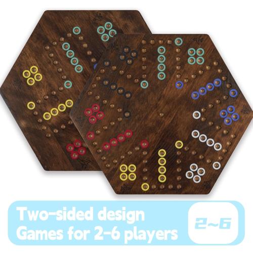 Wahoo Board Game - 23.6 inch Marble Game Board with 24 Glass Marbles and 6 Dice,Solid Wood Double-Sided Game Board for 4 or 6 Players - Family and Party Game