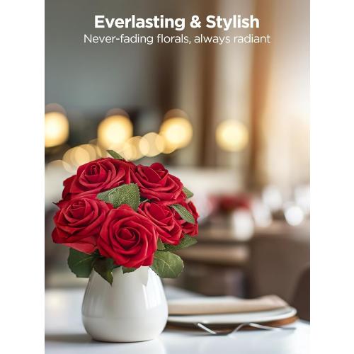 InnoGear Artificial Flowers, 50 Pcs Dark Red Foam Fake Roses Bulk with Stems for Decoration Celebration DIY Wedding Bouquets Centerpieces Bridal Shower Party Christmas Tree