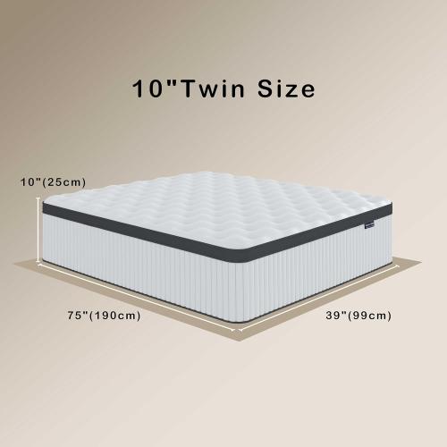 Twin Mattress, 10 Inch Innerspring Hybrid Mattress in a Box with Gel Memory Foam, Individually Wrapped Encased Coil Pocket Spring Mattresses, Pressure Relief, Medium Firm Support,39*75*10
