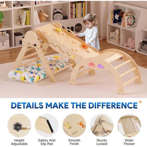 Pikler Triangle Set with Cushion 9 in 1 Foldable Montessori Climbing Toys for Toddlers 1-3 Indoor Wooden Kids Playground Baby Climbing with Maze Toys, Shape Sorter Toys, Car
