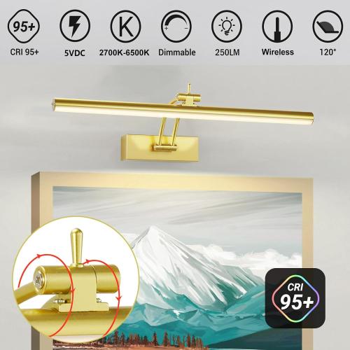 4 Pack Picture Light Battery Operated for Wall, 16 Wireless Art Lighting for Painting, 6 Colors Picture Frame Lights with Remote, Dimmable 5200mAh Gallery Light, Gold