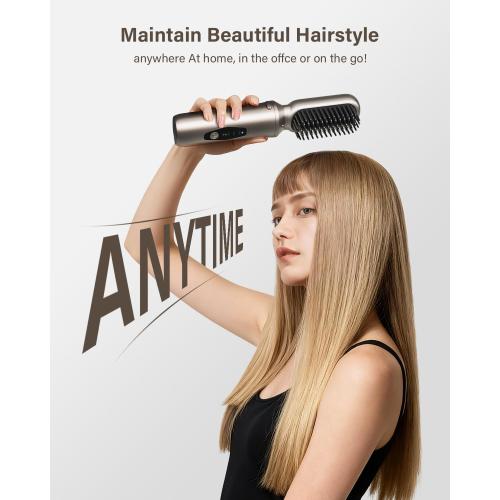 Cordless Hair Straightener Brush, 2 in 1 Curling & Straightening Brush with 200 Million Negative Ions, Mini Travel Hot Straightener Comb for Women, Fast Heating & Dual Voltage