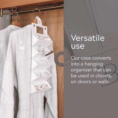 Travel Jewelry Organizer Jewelry Box – Luxurious, Compact Jewelry Travel Organizer w/Necklace Holder, Earring Organizer, Ring Holder, Hidden Compartments Jewelry Roll Case w/ 5X Capacity! (BEIGE)