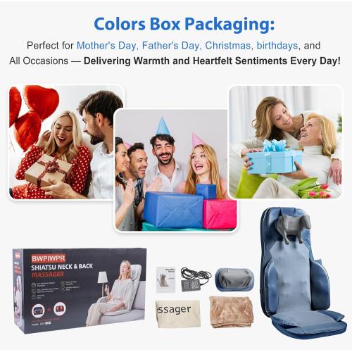 Shiatsu Massage Cushion for Neck and Back with Heat - 4D Kneading, Vibration for Relief Muscle Tension, Dual-Neck Design, Adjustable Intensity and Height for Office Chair, Home Use, Navy Blue