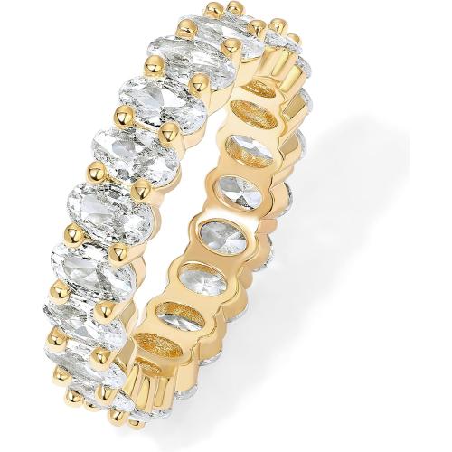 PAVOI 14K Gold Plated Eternity Ring for Women - Statement Eternity Band Rings with Oval Cubic Zirconia - Stackable Wedding Band - Love Engagement Trendy Bridal Jewelry