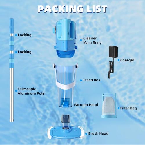 Cordless Pool Vacuum Above & Inground Pools, Powerful 1590 GPH Suction,Handheld Telescopic Pole up to 85.45, 1H Runtime, 2L Debris Bin, Rechargeable Pool Cleaner for Spas & Hot Tubs