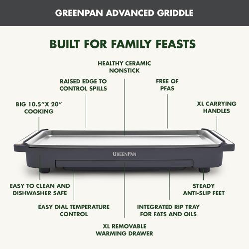 GreenPan Advanced 10.5”x 20” Electric Griddle with Warming Drawer, Healthy Ceramic Nonstick PFAS-Free Coating, Temperature Control, Easy and Versatile Countertop Meals, Dishwasher Safe, Graphite
