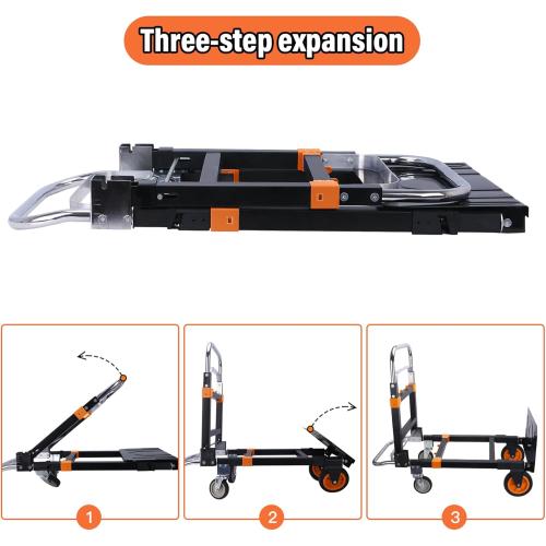BLACK Upgraded 3 in 1 Folding Hand Truck, 600lbs Capacity, Heavy Duty Convertible Dolly with Retractable Handle and 4 Rubber Wheels, Collapsible Cart for Moving Home, Office, Warehouse（Orange）