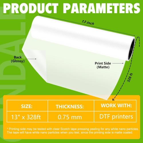 DTF Transfer Film Roll 13 x 328ft - Premium A3  DTF Film Roll, Double Sided Matte Clear PreTreat DTF Roll Film for Dark and Light T-shirts, Hot & Cold Peel DTF Paper Roll (13ft x100M)